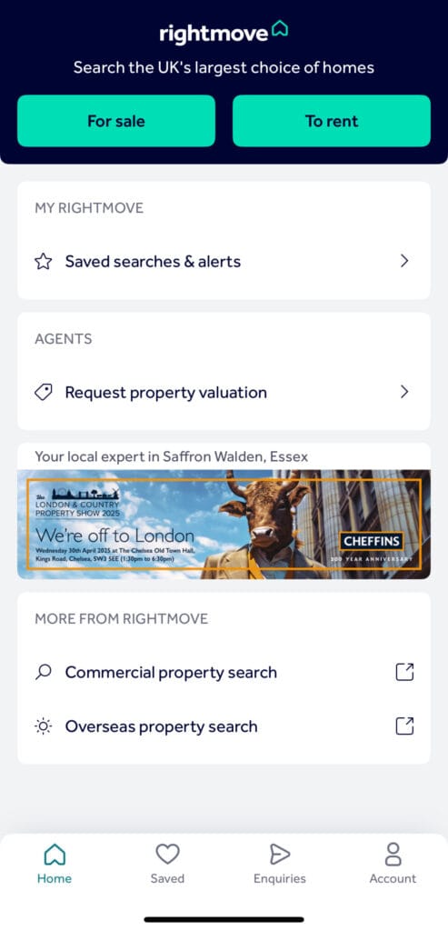 Rightmove 메인 페이지 화면, For Sale/To Rent 버튼과 검색 관련 메뉴 표시
