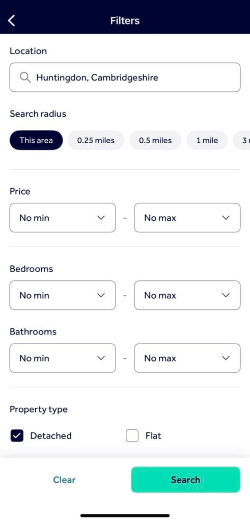 Rightmove 필터 화면, 검색 조건 입력창과 반경 선택 옵션 포함