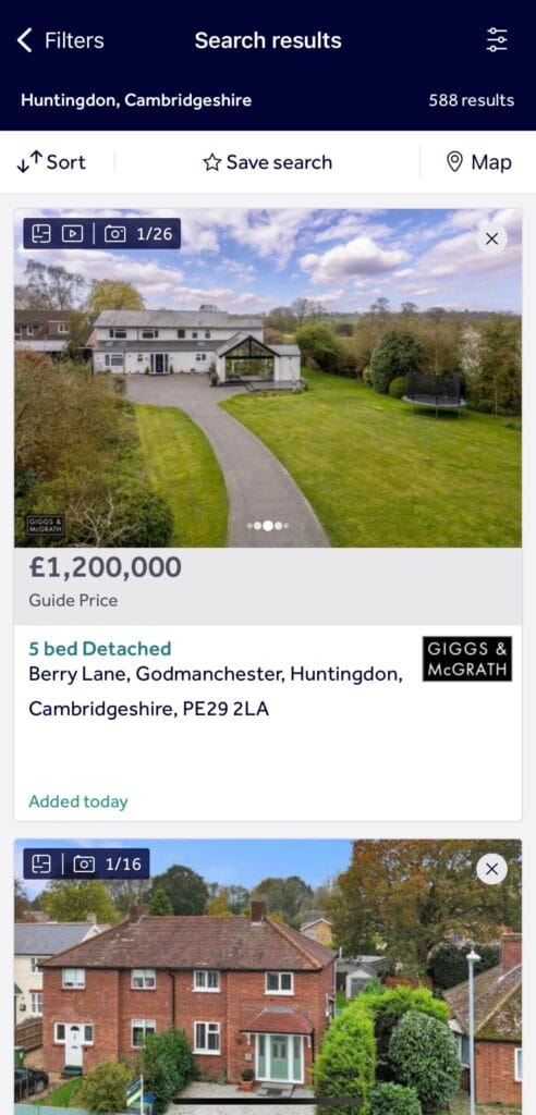 Rightmove 검색 결과 목록, 매물 이미지와 가격, 주소가 표시됨