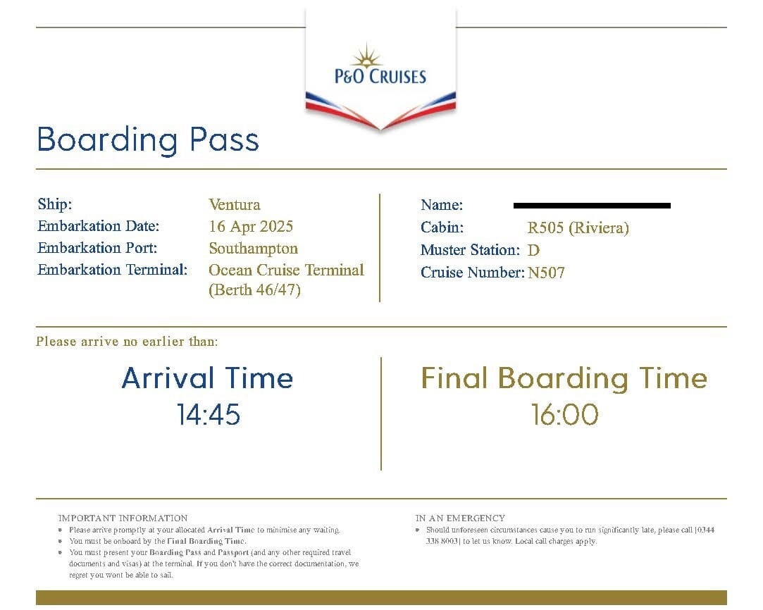 영국 Southampton에서 Amsterdam까지 가는 P&O Cruise Boarding Pass